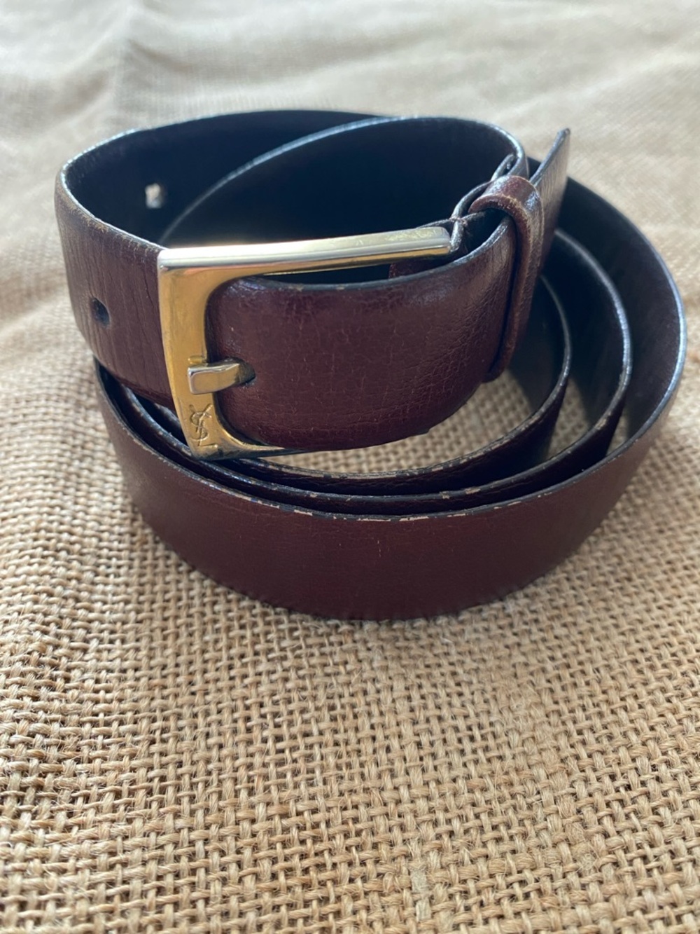 Yves Saint Laurent Brown Leather Belt Gold Tone Buckle 38